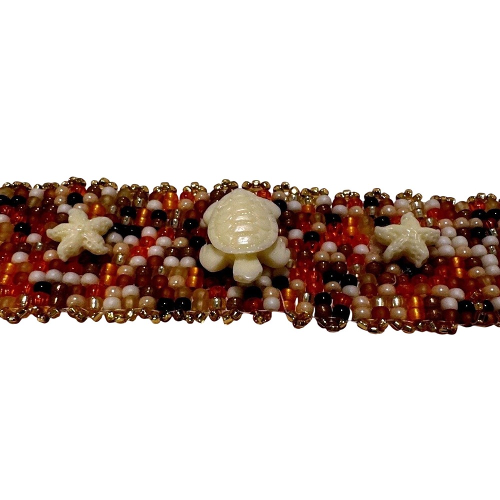 Earth Tone Beaded Turtle Bracelet Starfish‎ Accents Boho Chic Jewelry Handmade